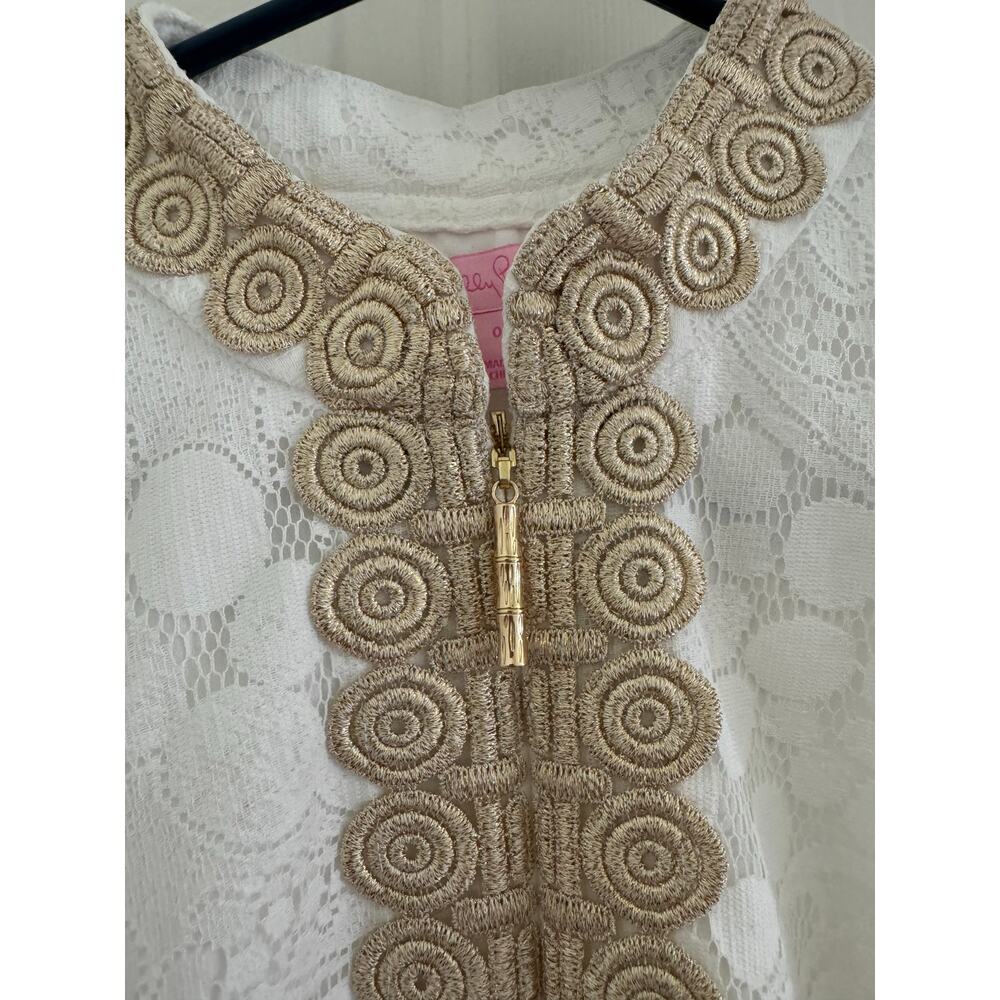 Lilly Pulitzer Jane Shift Dress White Mocean Lace Gold Trim Sleeveless Womens 00 - Picture 4 of 14
